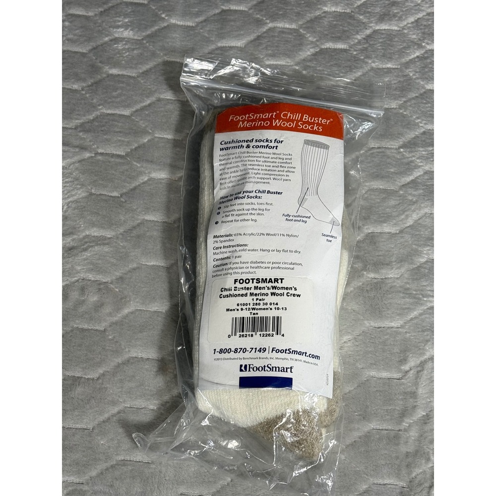 FootSmart Chill Buster Merino Wool Crew Socks Tan Mens 9-12 New Deadstock 61001